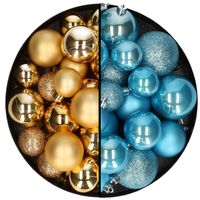 Kerstballen 60x stuks - mix goud/ijsblauw - 4-5-6 cm - kunststof - Kerstbal - thumbnail