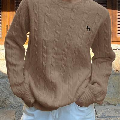 Bon&Bon Women's Navy Blue Polo Collar Cable-Knit Embroidered Sweater Coffee Brown / M