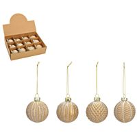 Luxe gedecoreerde kerstballen - 12x stuks - champagne - glas - 6 cm - thumbnail