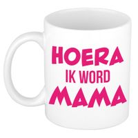 Hoera ik word mama kado mok / beker wit met roze letters 300 ml   - - thumbnail