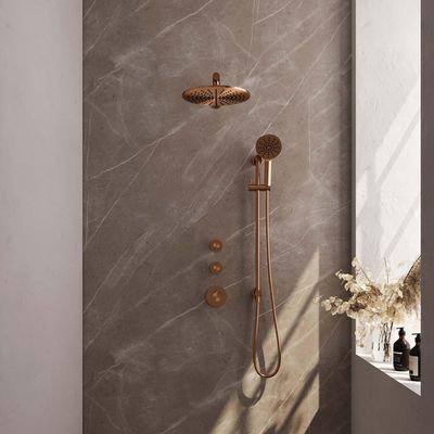 Brauer Copper Edition Regendoucheset inbouw - hoofddouche 30cm - 3 gladde knoppen - rechte wandarm - glijstang - handdouche rond 3 standen - PVD - geborsteld koper 5-GK-038