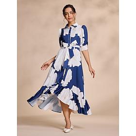 blauwe elegante maxi-jurk met ruches en bloemenprint