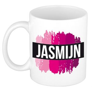 Naam cadeau mok / beker Jasmijn met roze verfstrepen 300 ml