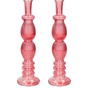 Ideas 4 Seasons Bloemenvaas Florence - 2x - koraal rood glas - ribbel - D9 x H28 cm - Vazen