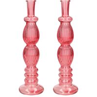 Ideas 4 Seasons Bloemenvaas Florence - 2x - koraal rood glas - ribbel - D9 x H28 cm - Vazen