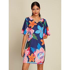 Dames Jurk met print Mini-jurk Marineblauw Halve mouw Bloemen Bloemen Stijl Opdrukken Zomer V-hals Jurken XS S M