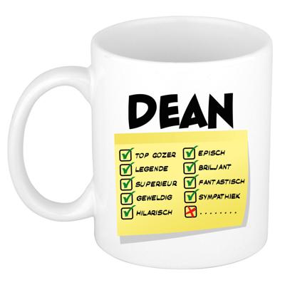 Naam mok Dean - wit - top gozer - keramiek - 300 ml - cadeau collega beker