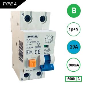 SEP Aardlekautomaat 20A B Kar 300mA 2 polig 36mm RCM2 Kema Keur 230V automaat en aardlek in een