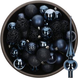 37x stuks kunststof kerstballen 6 cm incl. glazen piek glans donkerblauw - Kerstbal