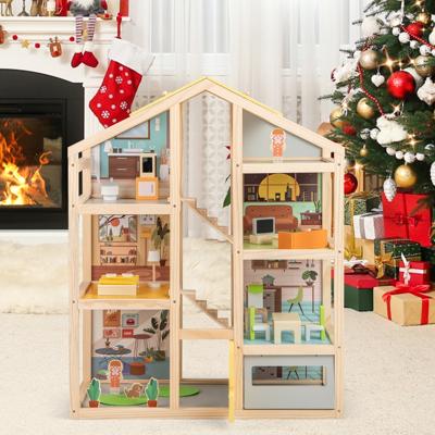 Kinder Houten Poppenhuis met Meubels & Figuren Familie Speelhuis met DIY-droomhuis