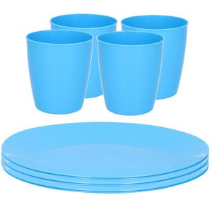 Kunststof ontbijt/diner 8x bordjes 26 cm en 8x bekertjes 430 ML set blauw