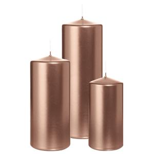 Cilinderkaarsen/stompkaarsen - set van 3 - metallic ros?goud - 6x12/7x15/7x20 cm