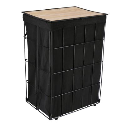Wasmand met deksel bamboe - zwart/metaal - opvouwbaar - 60 liter - 40 x 30 x 60 cm