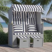 Strandstoel met kussens poly rattan en hout blauw en wit - thumbnail