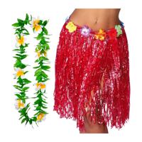 Hawaii verkleed hoela rokje en bloemenkrans - volwassenen - rood - tropisch themafeest - hoela - thumbnail