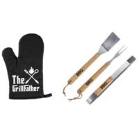 Luxe barbecue gereedschap set met houten handgrepen 3-delig RVS met BBQ handschoen The Grillfather - thumbnail