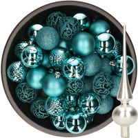 37x stuks kunststof kerstballen 6 cm turquoise incl. glazen piek mat zilver - thumbnail