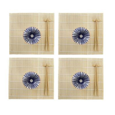 16-delige sushi serveer set aardewerk voor 4 personen blauw/wit