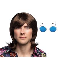 Hippie Sixties Flower Power verkleed set - Pruik lang haar bruin - bril ronde glazen blauw - heren