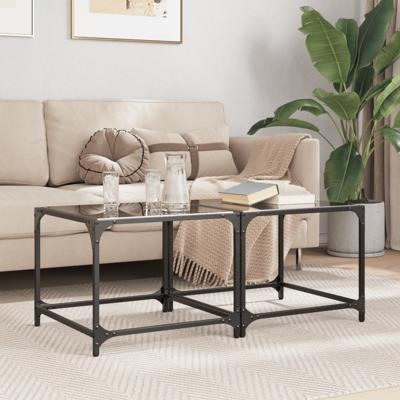 Salontafels 2 st met zwart glazen blad 50x50x40 cm staal
