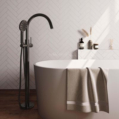 Brauer Gunmetal Carving Staande Badkraan - handdouche rond 3 standen - 2 carving knoppen -geborsteld gunmetal 5-GM-084-2