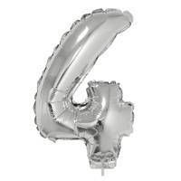Zilveren opblaas cijfer ballon - 4 jaar - op stokje - H41 cm - Leeftijd versiering