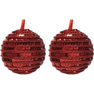 2x Kunststof kerstballen kerst rood 8 cm pailletten kerstboom versiering/decoratie   -