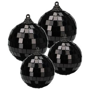 Grote discobal kerstballen - 4x st - zwart - 8 en 10 cm - kunststof