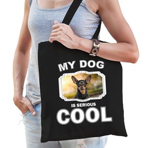 Katoenen tasje my dog is serious cool zwart - Dwergpinscher honden cadeau tas   -