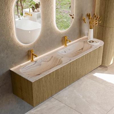 Badmeubel Mondiaz Kurve-Dlux | 175 cm | Meubelkleur Dusk | Wastafelkleur Nata | Solid surface | Dubbel / Links spoelbak | 2 kraangaten