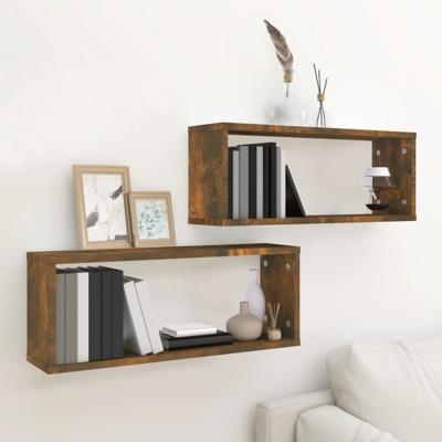 Wandschappen kubus 2 st 60x15x23 cm bewerkt hout gerookt eiken