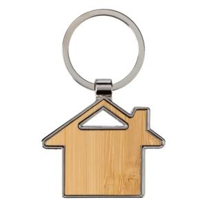 Sleutelhanger met huisje - bamboe/metaal - 5 x 4 cm - eigen huis/nieuw huis - cadeau housewarming