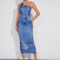 Bon&Bon Denim-Effect Asymmetrical Neck Bodycon Dress - Slim Fit Maxi Multicolor / XS