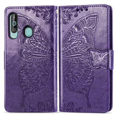 Butterfly Love bloemen reliëf horizontale Flip lederen case voor Galaxy A60 met houder & kaartsleuven & portemonnee & Lanyard (donker paars)