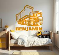 Bouwvrachtwagen met naam muursticker kinderkamer