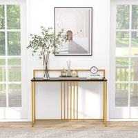 120 cm Lange Toegangstafel Consoletafel met Imitatiemarmer Blad en Verguld Metalen Onderstel Moderne Bijzettafel Inclusief Anti-Kantelset