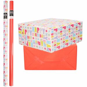 4x Rollen kraft inpakpapier happy birthday pakket - rood 200 x 70 cm