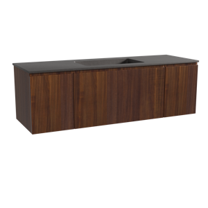 Storke Ribs zwevend badmeubel 155 x 52 cm notenhout met Scuro enkele wastafel in kwarts mat zwart, Verticale symmetrische rechte ribbel