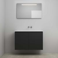 On-Line Badkamermeubelset - 100 cm - Bouwpakket - Greeploos 2 Deuren - Acryl Wastafel - zonder Kraangat - Spiegel met LED-Verlichting - Mat Zwart
