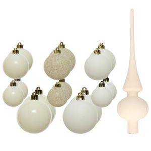 Set van 26x stuks kunststof kerstballen en glazen piek wol wit