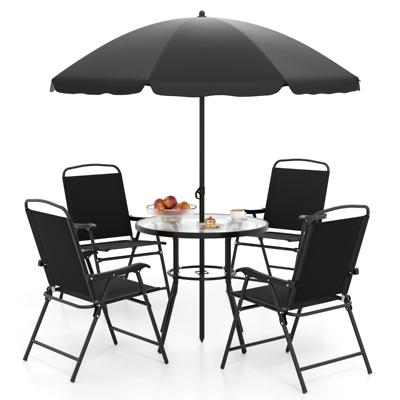 6-delig Tuin-eetset met Parasol Buiten Tafel en Stoelset met 4 Opvouwbare Stoelen Zwart