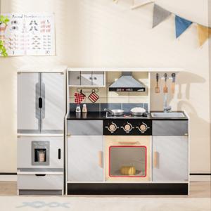 Speelkeuken met Houten Koelkast Speelkeukenset voor Kinderen met Realistische Afzuigkap Oven Leuke Kookplaat Ijsmachine