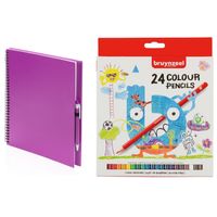Roze schetsboek/tekenboek met 24 kleurpotloden   - - thumbnail