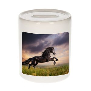 Dieren foto spaarpot zwart paard 9 cm - paarden spaarpotten jongens en meisjes