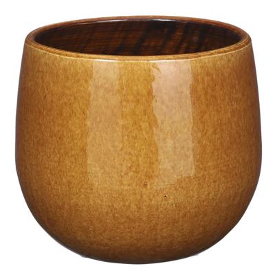 Mica Decorations Plantenpot/bloempot - keramiek - okergeel glans/spotted- D16/H14 cm