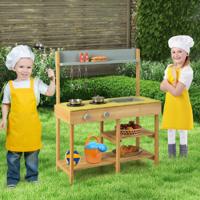 Houten Buitenkeuken Stabiele Kinderspeelkeuken met 3 Haken 2 Kookplaten Afneembaar Waterbak Natuur