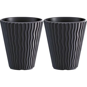 Prosperplast Plantenpot/bloempot Sand Waves - 2x - buiten/binnen - kunststof - antraciet - D35 x H38 cm - Plantenpotten