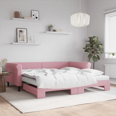 Slaapbank onderschuifbed en matrassen 100x200 cm fluweel roze