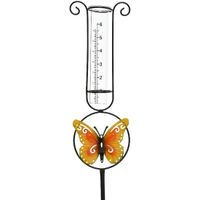 Metalen regenmeter tuindecoratie 33 cm metaal/glas met vlinder - thumbnail