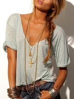Casual Solid Color V Neck Short Sleeve Tee - thumbnail